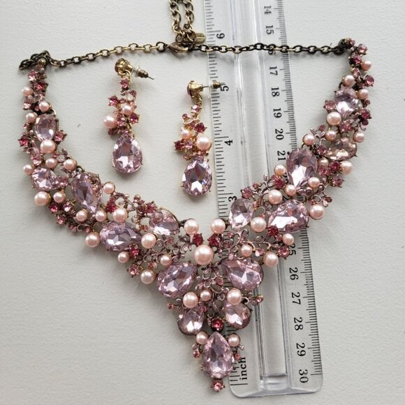 Pink Pearl and Rhinestone crystal jewelry set - Picture 3 of 6